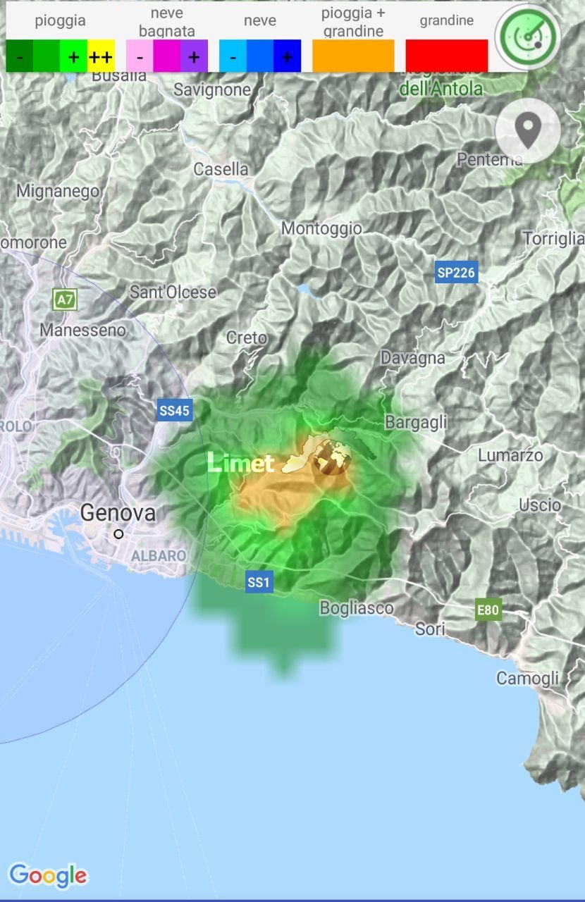 Immagine Radar mostra il temporale in azione sul genovesato orientale.
