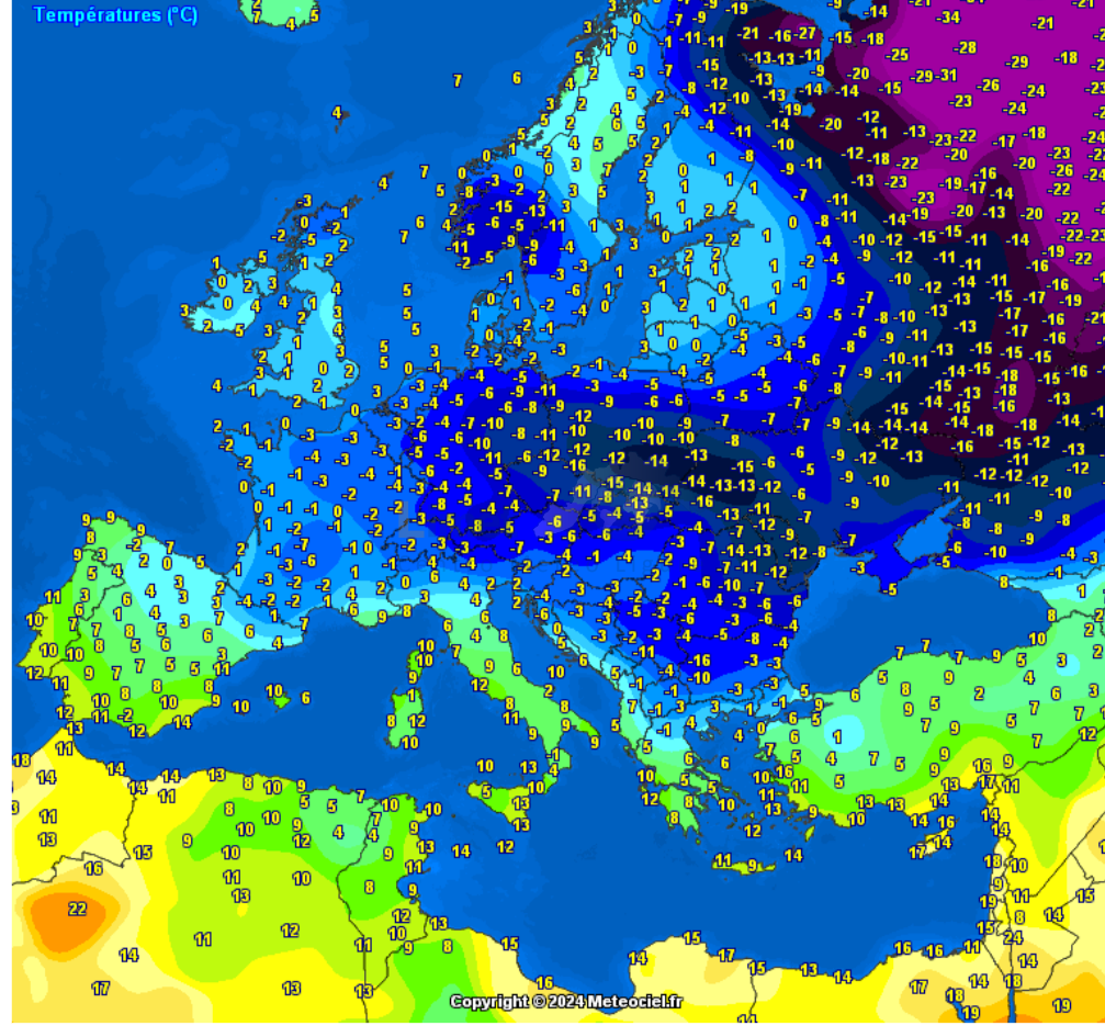Le temperature in Europa con il gelo confinato a nord delle Alpi.